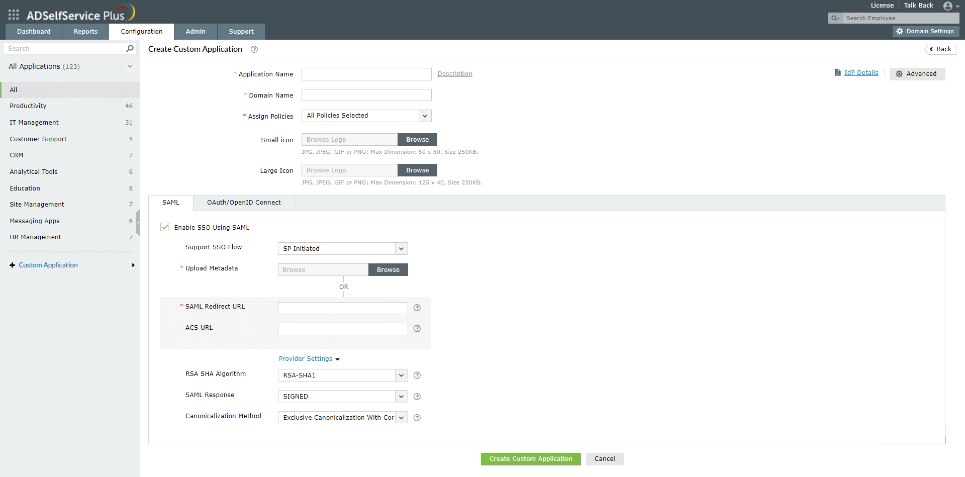 Single sign-on for SAML-enabled custom applications