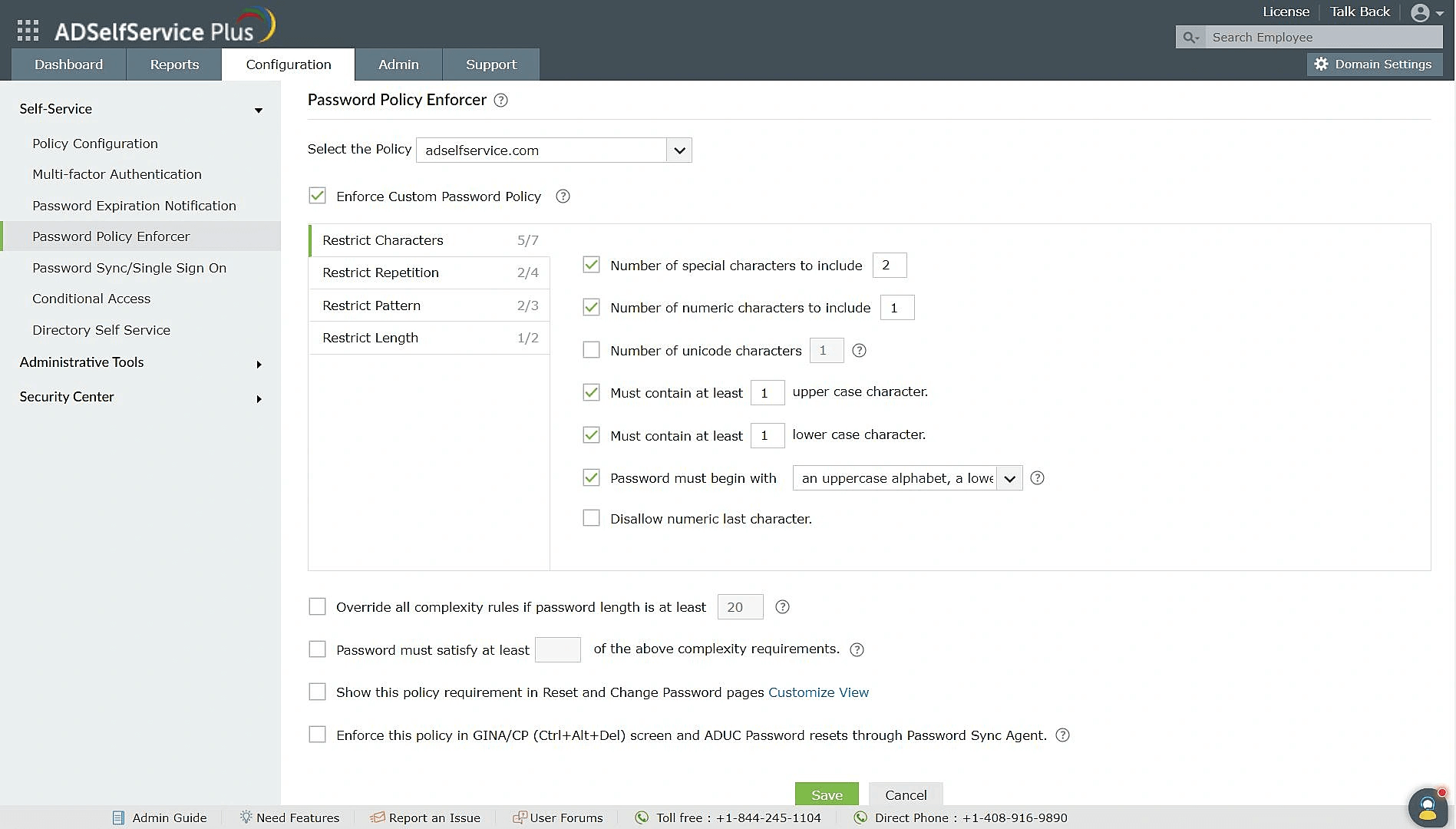 Password policy configuration in ADSelfService Plus for achieving compliance with SOX