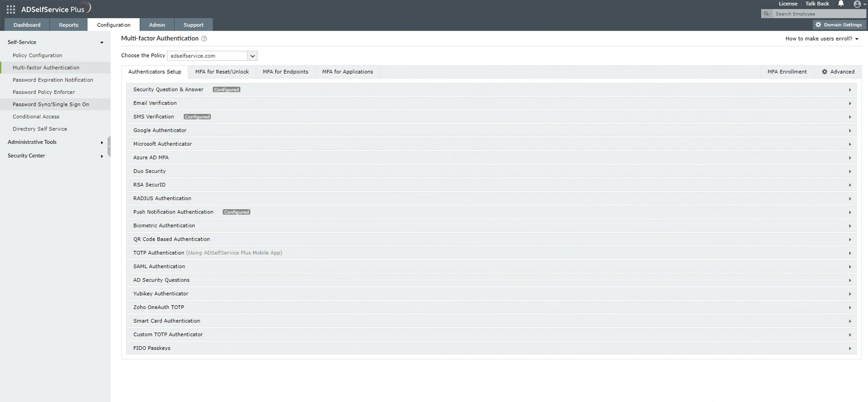 MFA configuration in ADSelfService Plus for achieving compliance with SOX