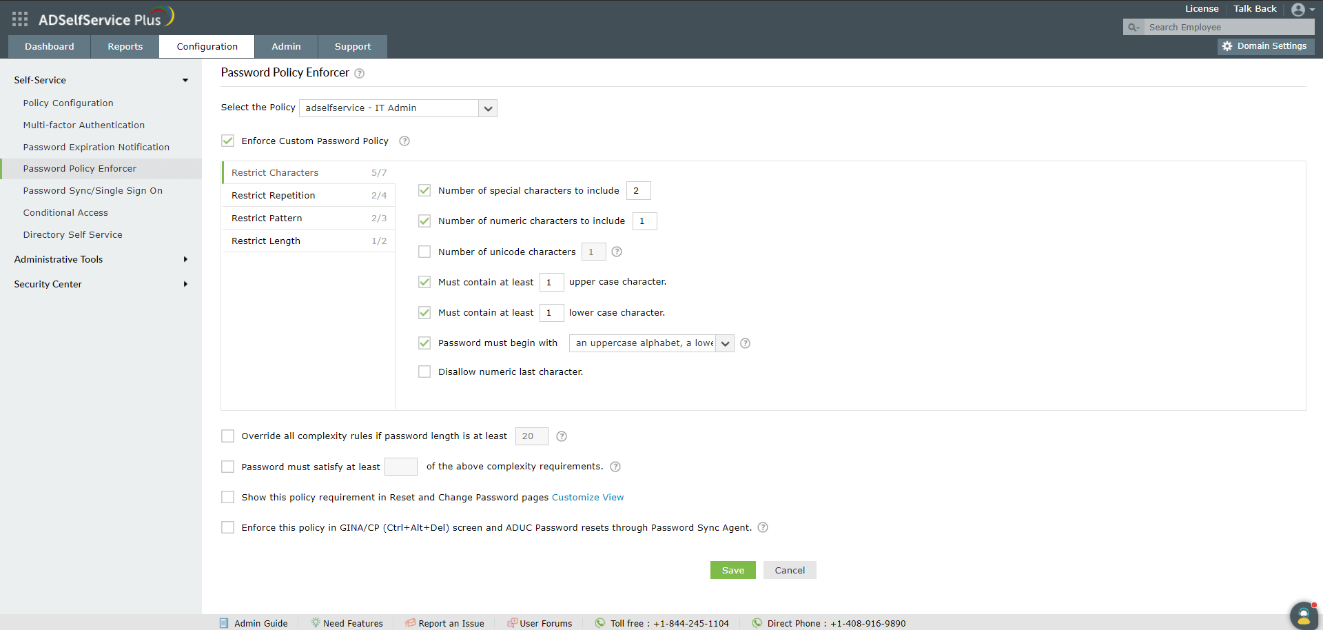 Steps to enable a custom password policy using ADSelfService Plus