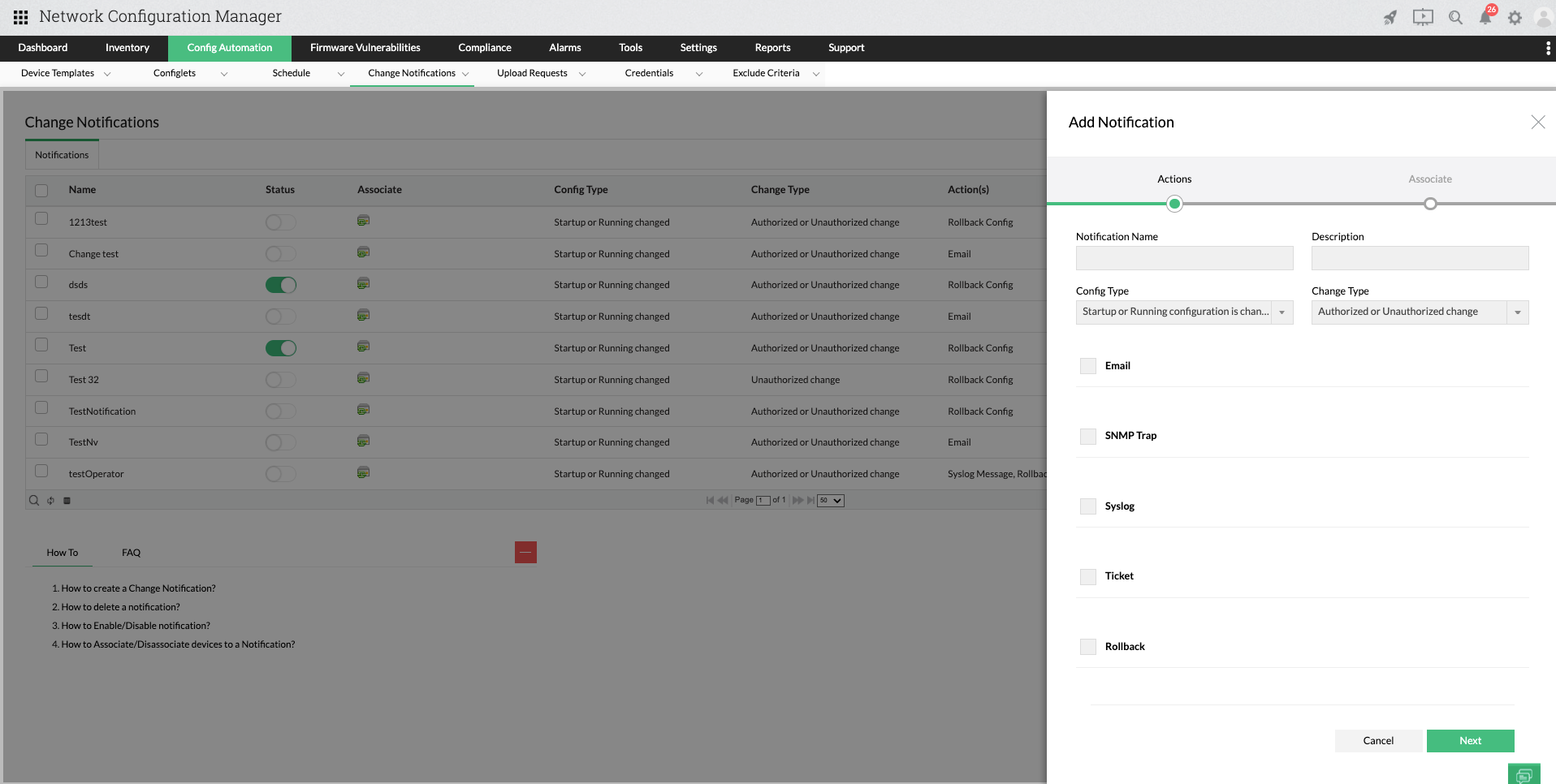 Dashboard de gestión de cambios en la configuración de Network Configuration Manager