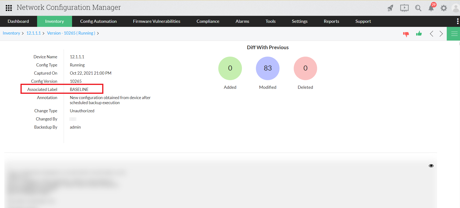 Dashboard de configuración baseline de Network Configuration Manager