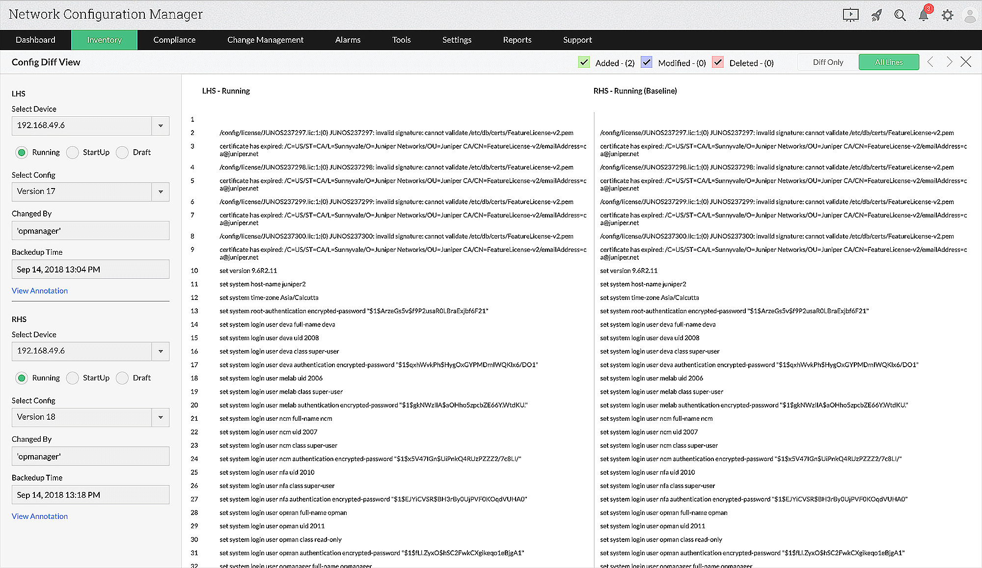 Dashboard de comparación de configuración baseline de Network Configuration Manager