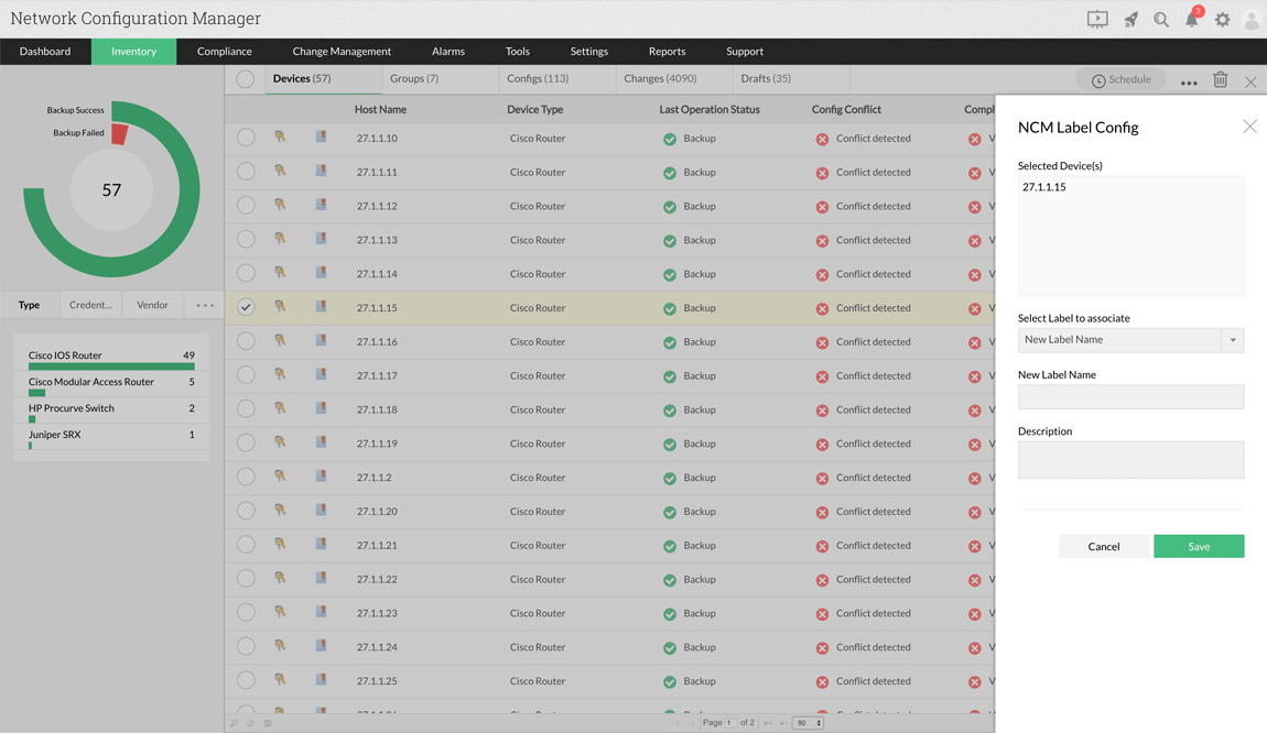 Dashboard de label de configuración baseline de Network Configuration Manager