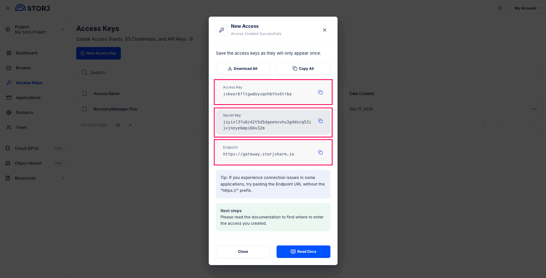 Storj access key details screen