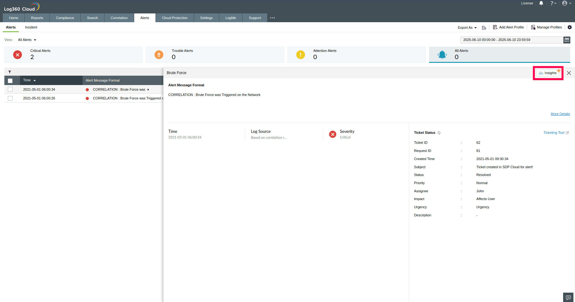 Invoking Zia Insights from Alerts of ManageEngine Log360 Cloud