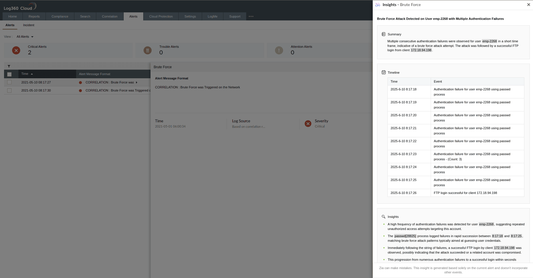 Zia Insights generated for Alerts