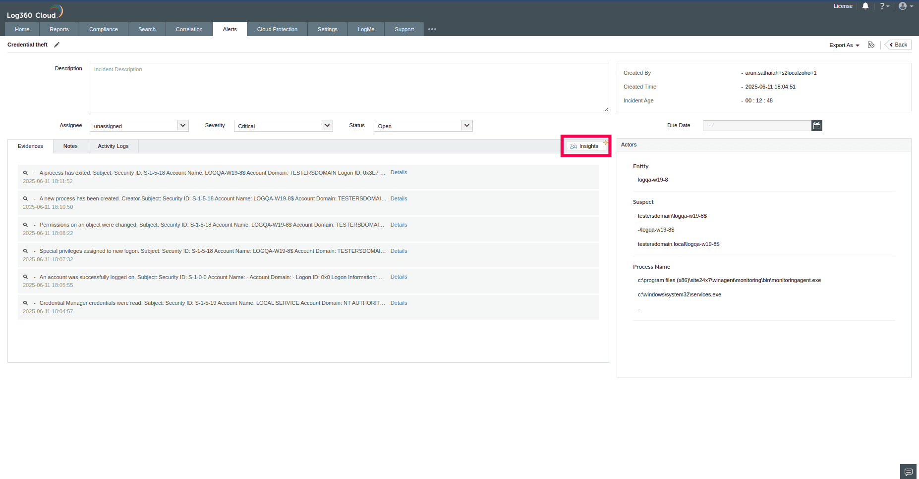 Invoking Zia Insights from Incidents of ManageEngine Log360 Cloud