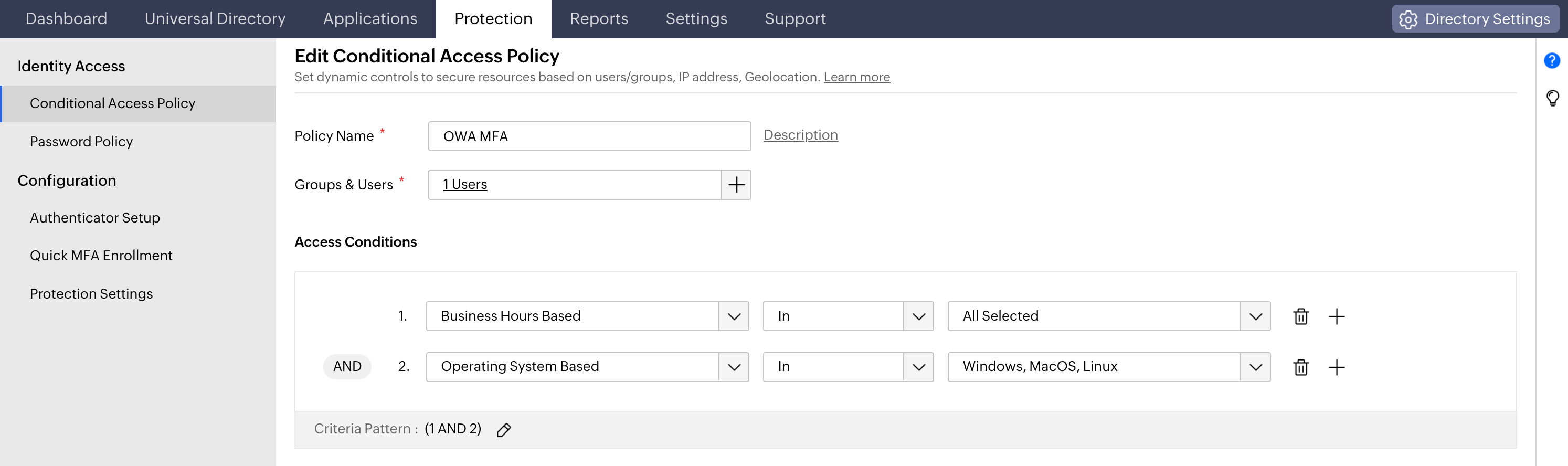 Configuring a conditional access policy for OWA in Identity Access.