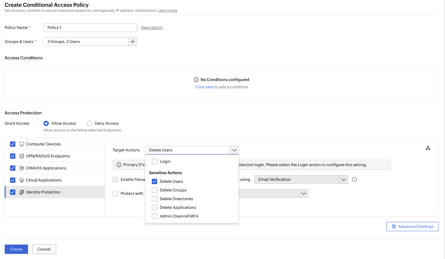  Identity Access step-up authentication policy builder showing target action selection for sensitive operations like deleting users and modifying admin roles.' step-up authentication showcasing the use of stricter MFA when a high-privilege action is initiated by the user. 