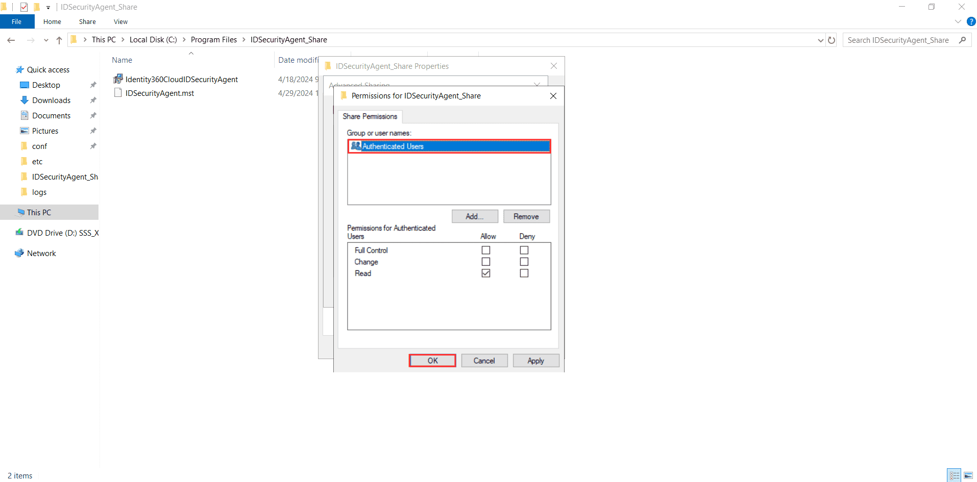Fig 4: Granting Authenticated Users read-only share permission.