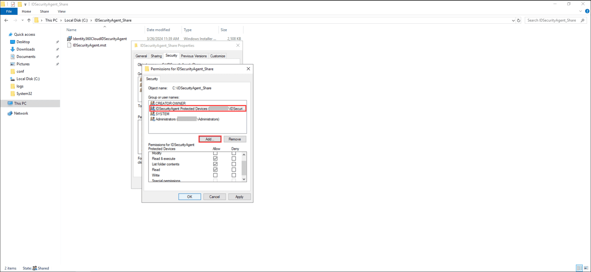 Fig 5: Restricting security permissions to the custom computer group.
