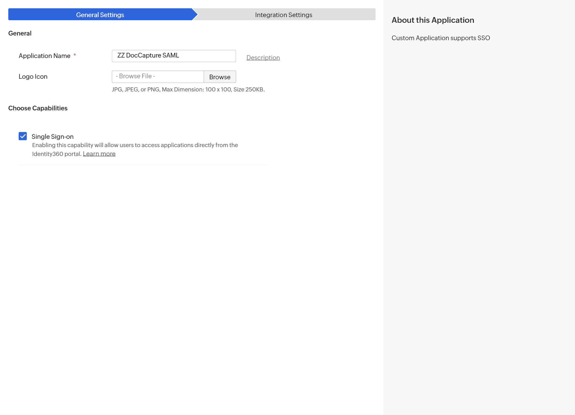 The General Settings tab, with Single Sign-on selected under Choose Capabilities