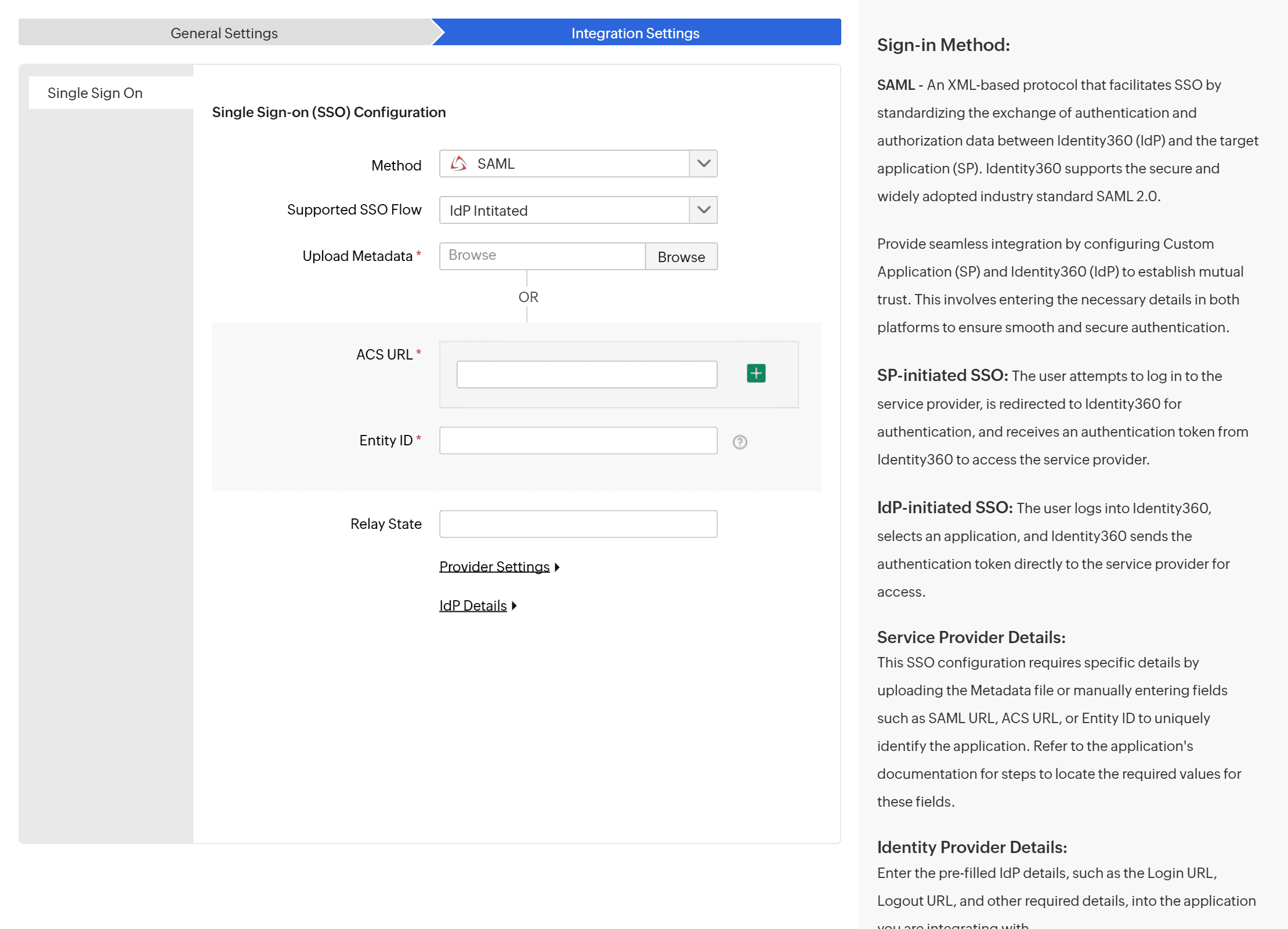 With IdP Initiated selected, the SAML URL field is replaced by Entity ID