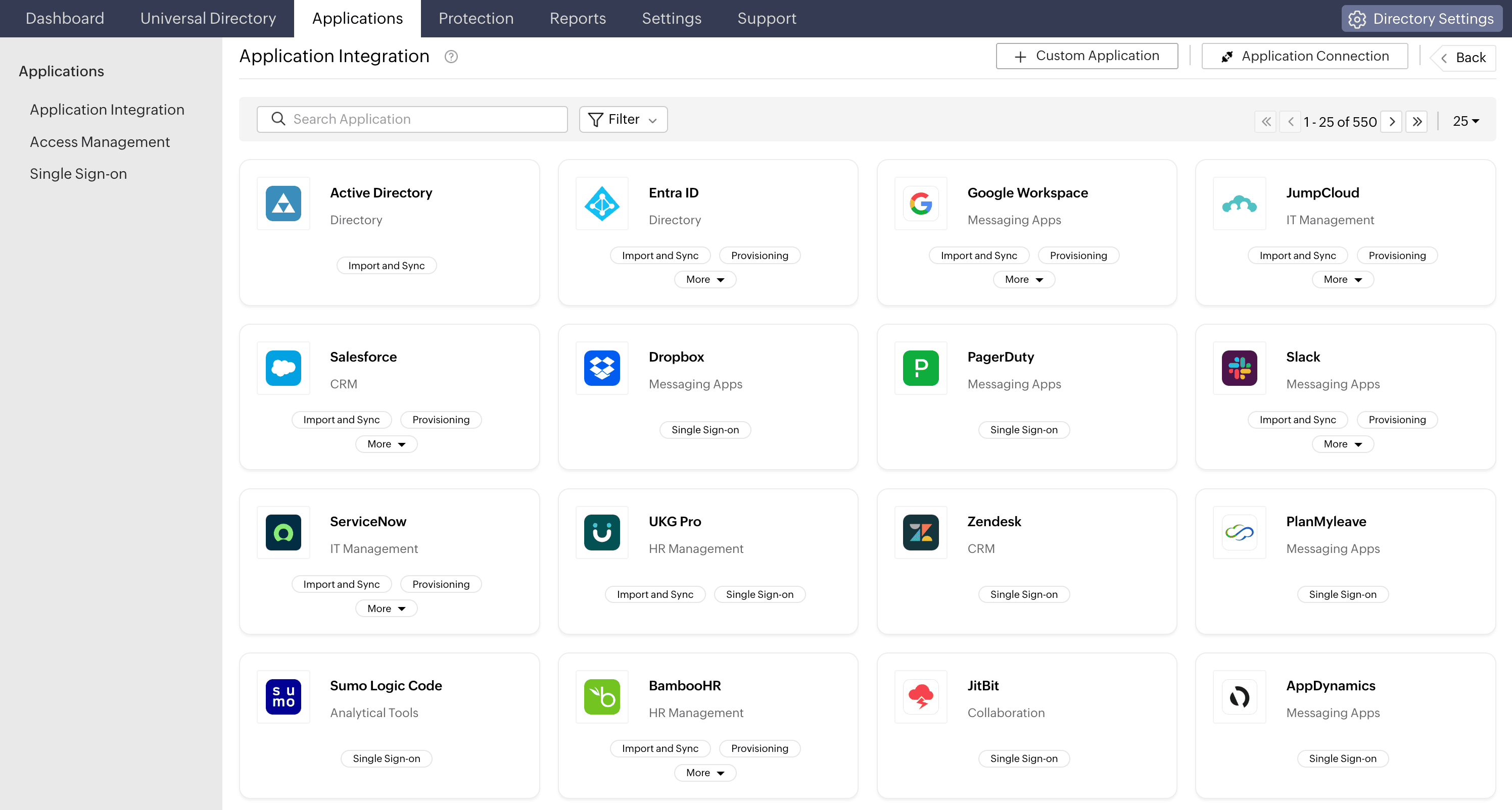 A list of supported applications for SSO integration in Identity Access