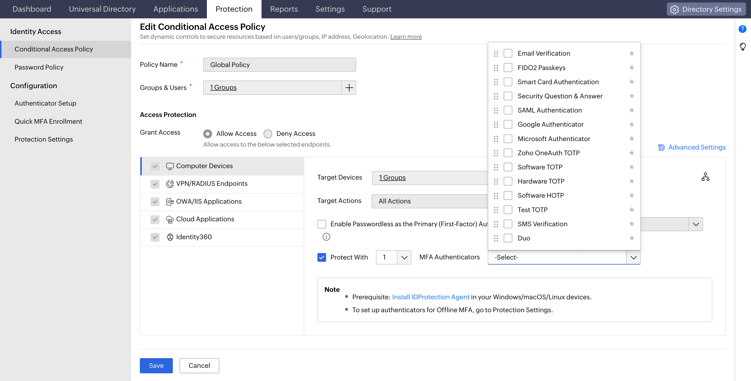 MFA configuration in Identity Access
