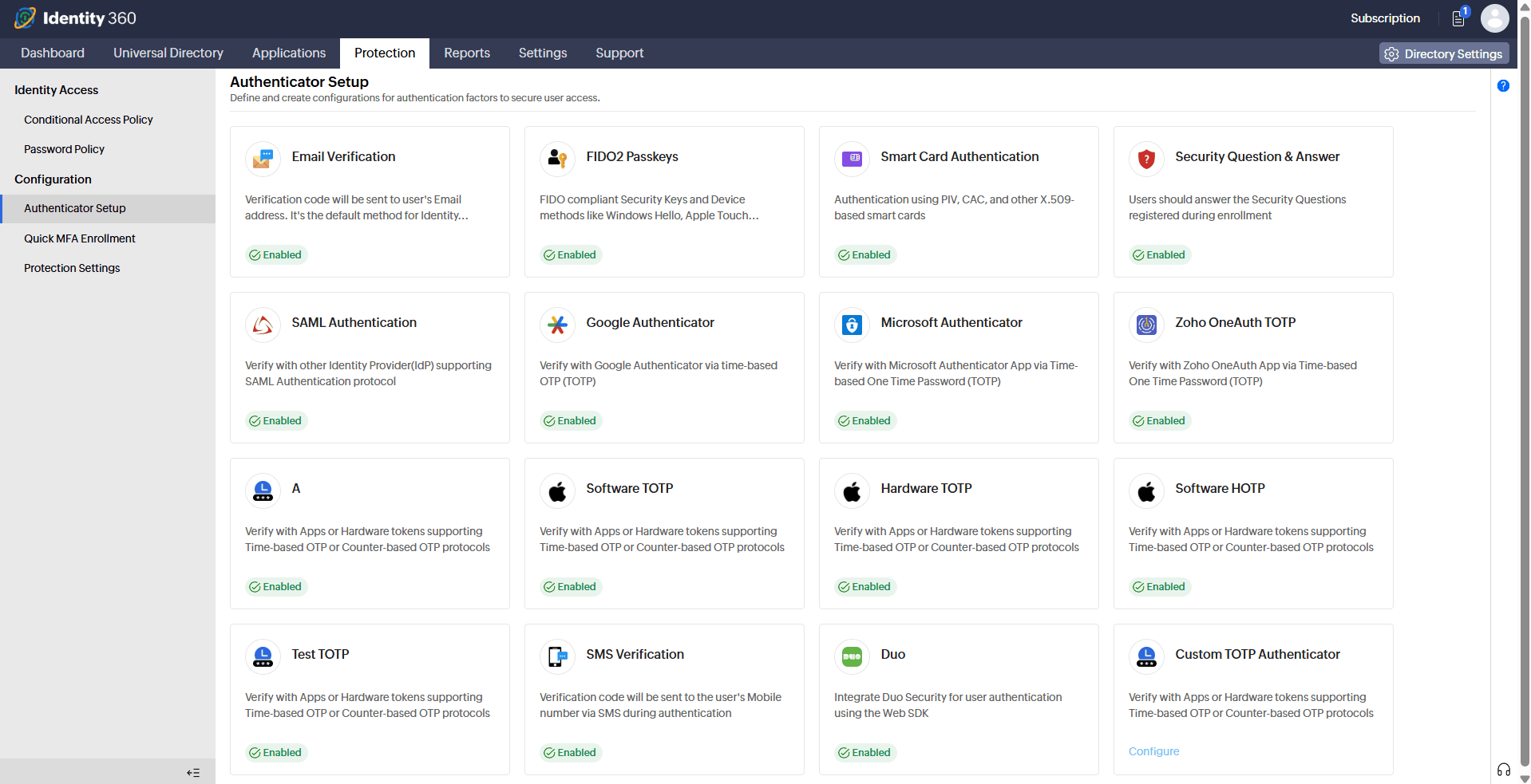 Identity Access authenticator setup screen showing supported MFA methods including FIDO2, smart card, SAML, TOTP, Duo, and SMS verification