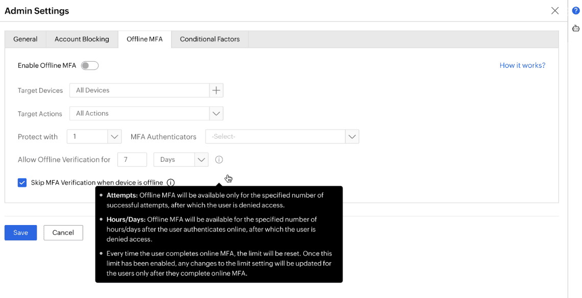 Identity Access admin settings panel showing offline MFA configuration with target devices, actions, authenticators, and validity window options