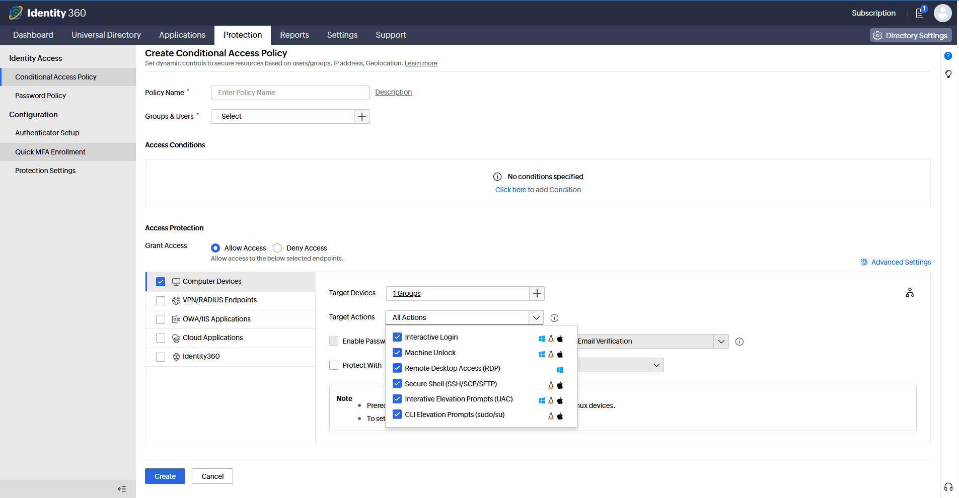 Identity Access conditional access policy enforcing MFA for RDP, SSH, UAC, and CLI elevation across computer devices.