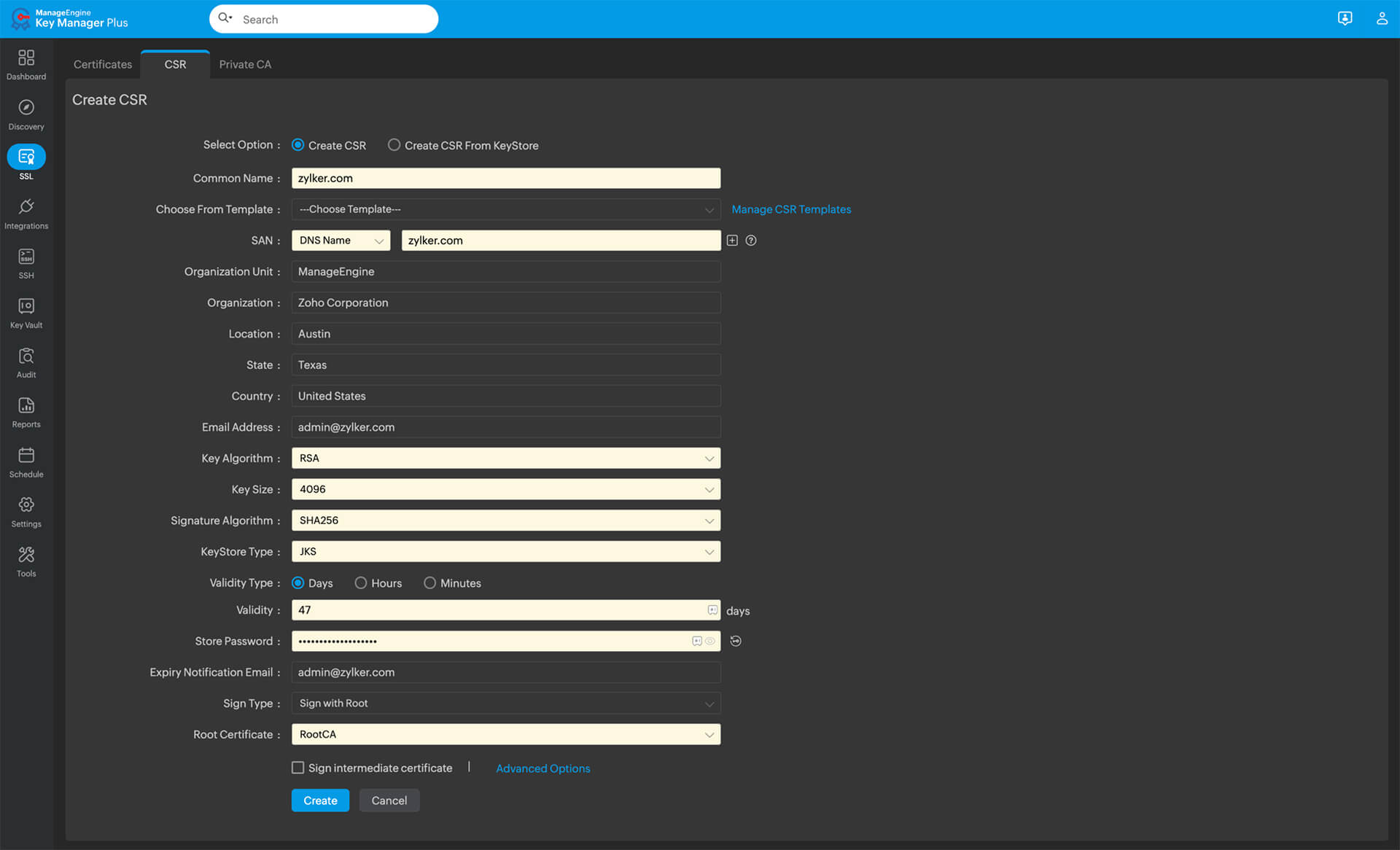 Create CSR with Key Manager Plus