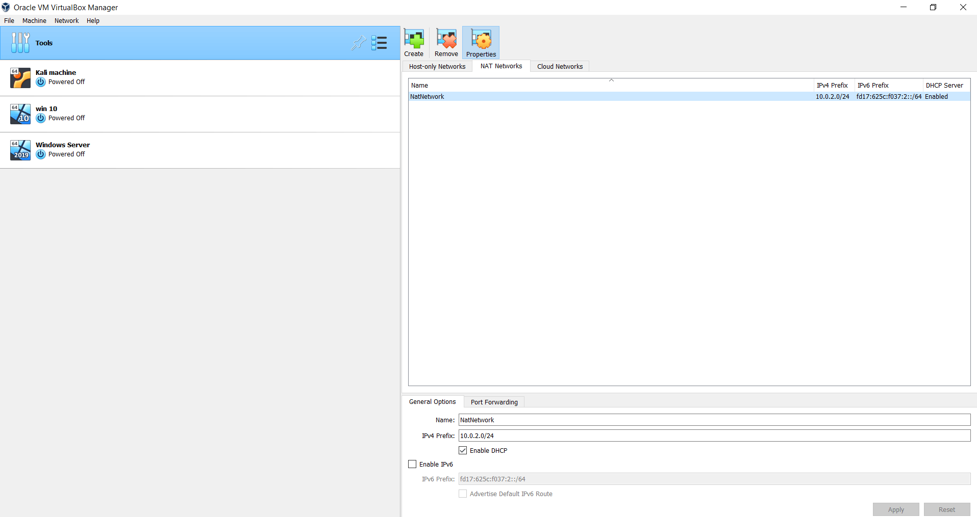 VirtualBox network setting showing a NAT network connecting all three VMs