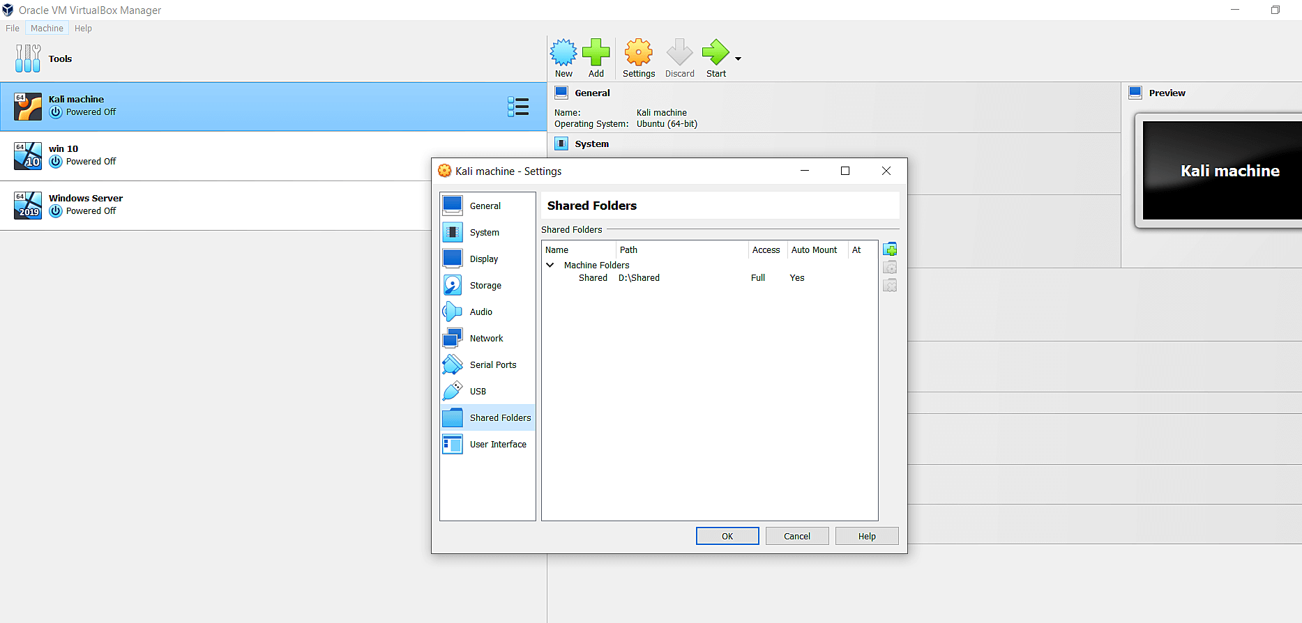 Settings window showing the shared folder option
