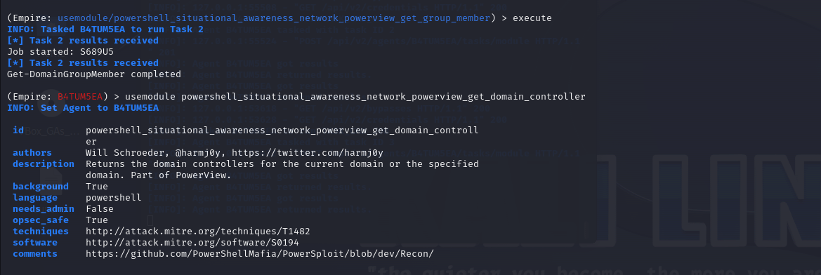 Execution of the situational awareness module to get a list of OUs in the domain
