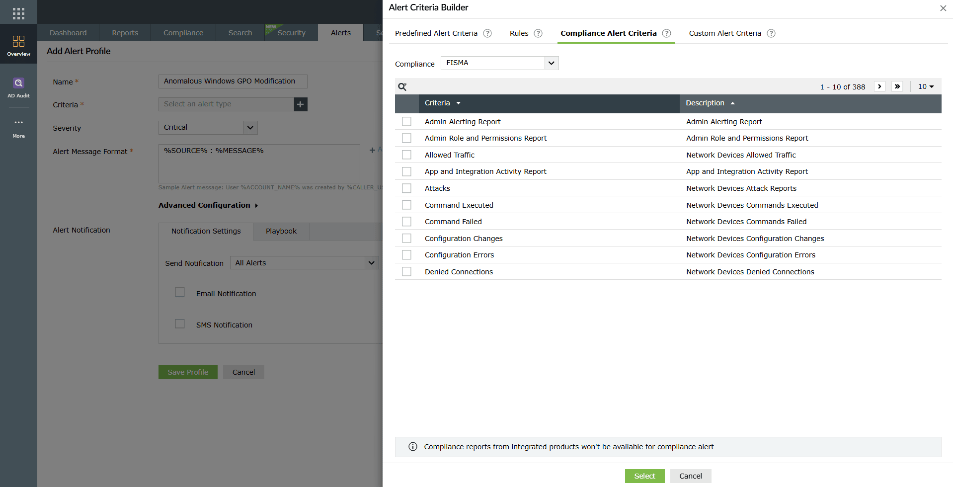 Predefined Alert Criteria options in the criteria builder