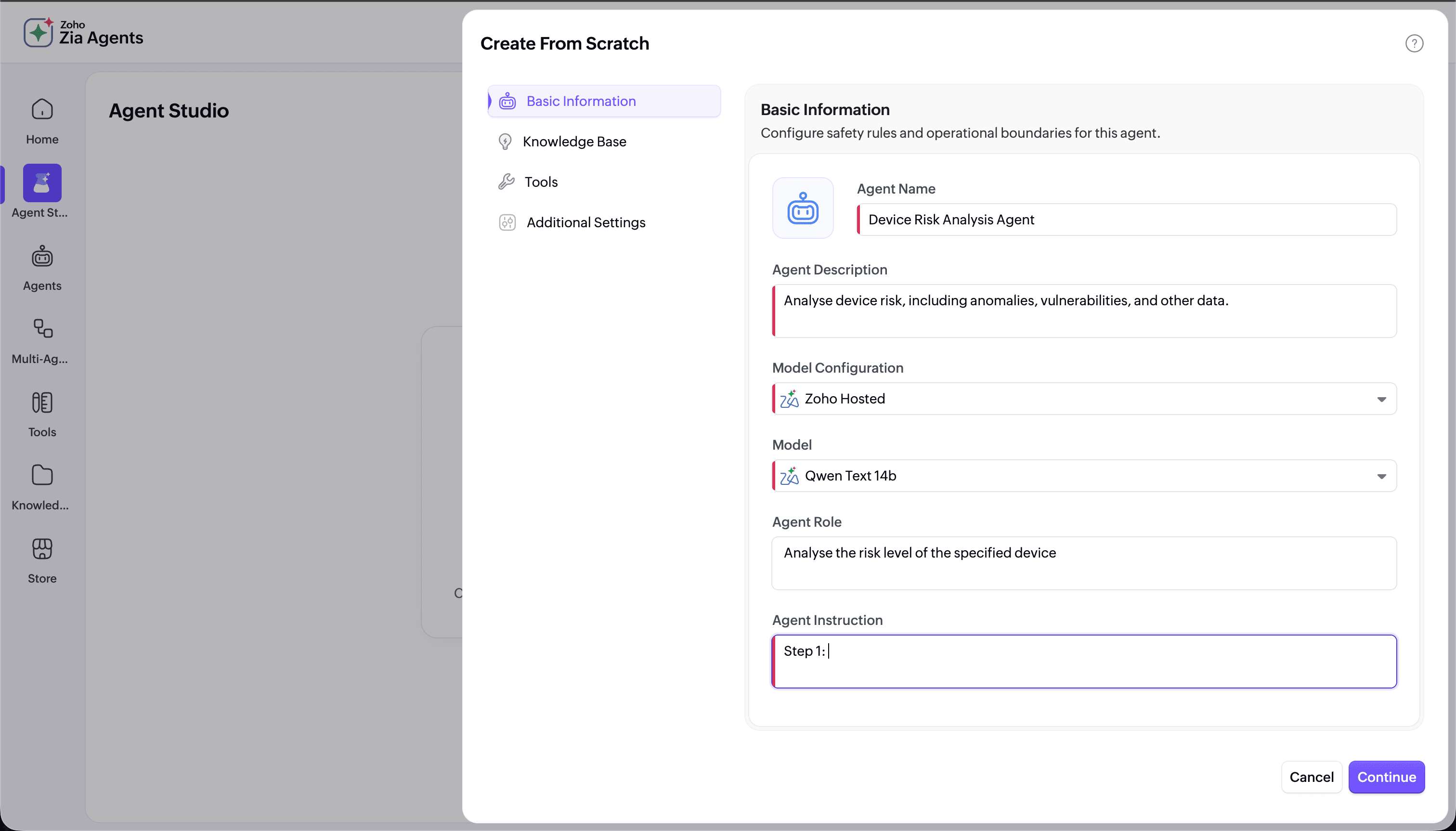 Creating custom agents in Agent Studio in ManageEngine Log360 Cloud