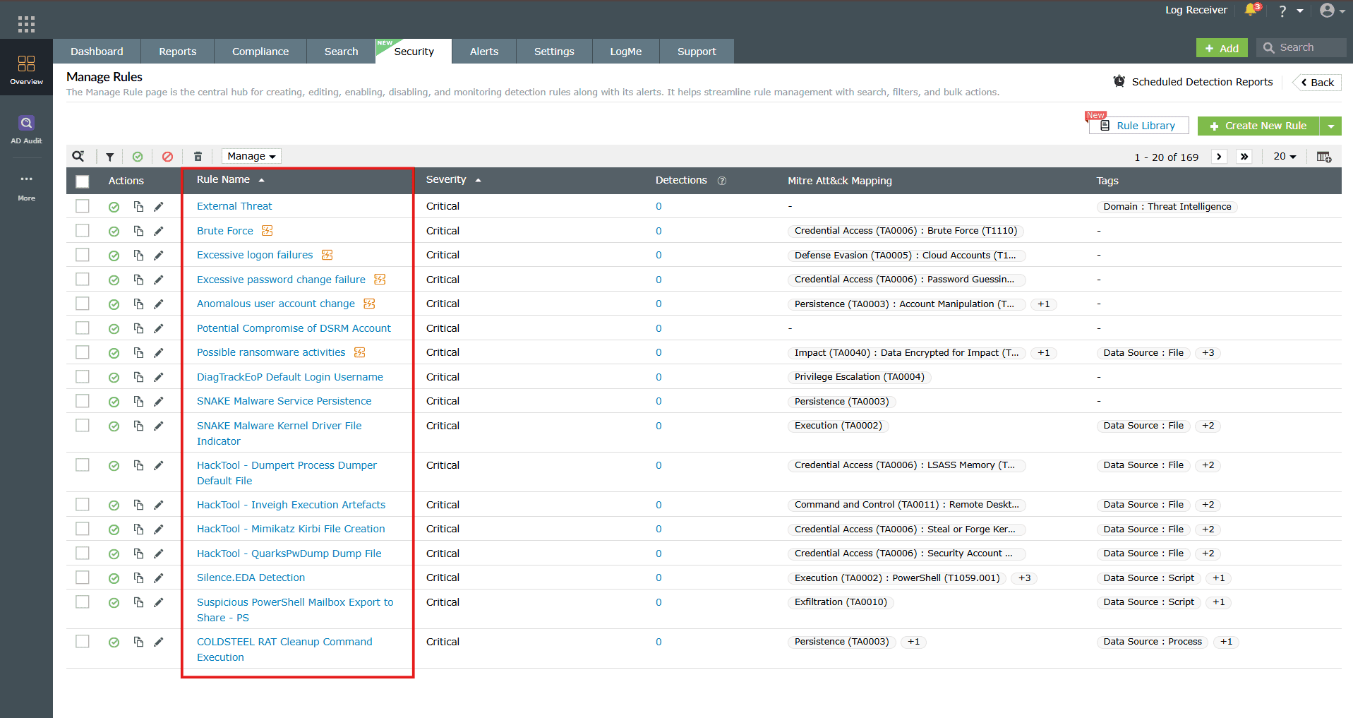 Rule names in the manage rules module