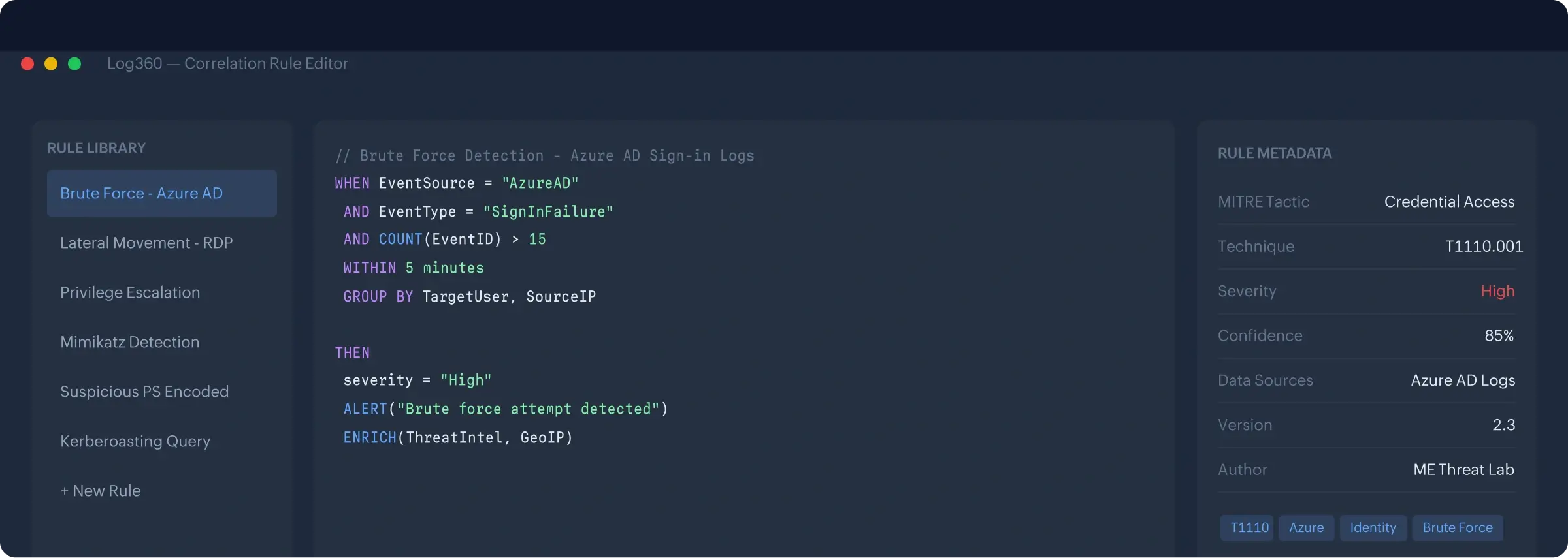 Log360 correlation rule editor showing rule library, query logic, and MITRE metadata