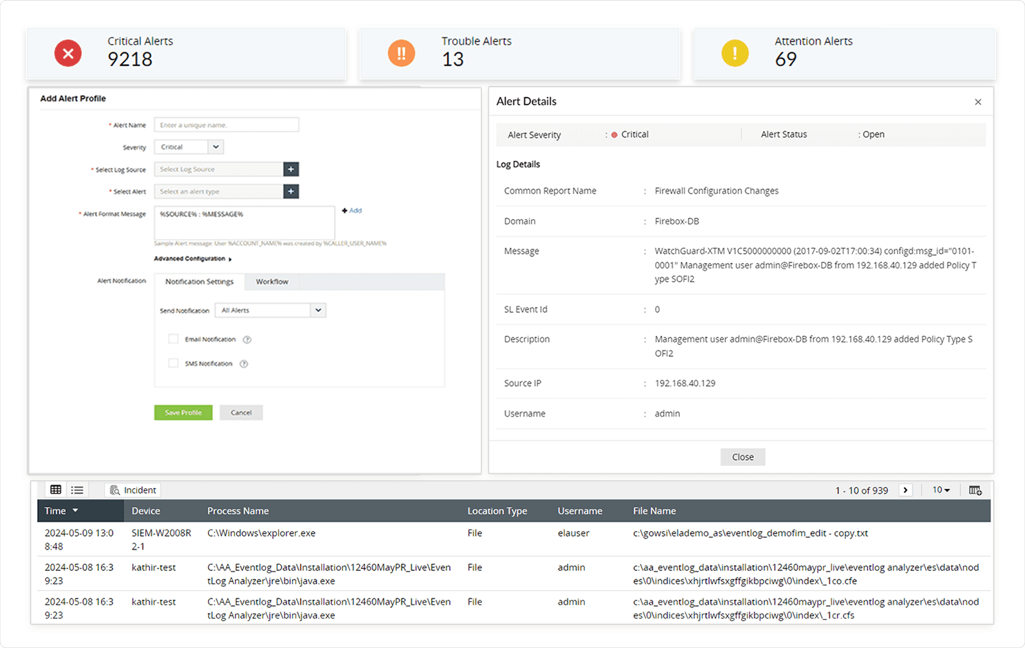 Real-time event alerts provided by Log360 for important updates, including changes in rules or access. policies for database-stored files and folders