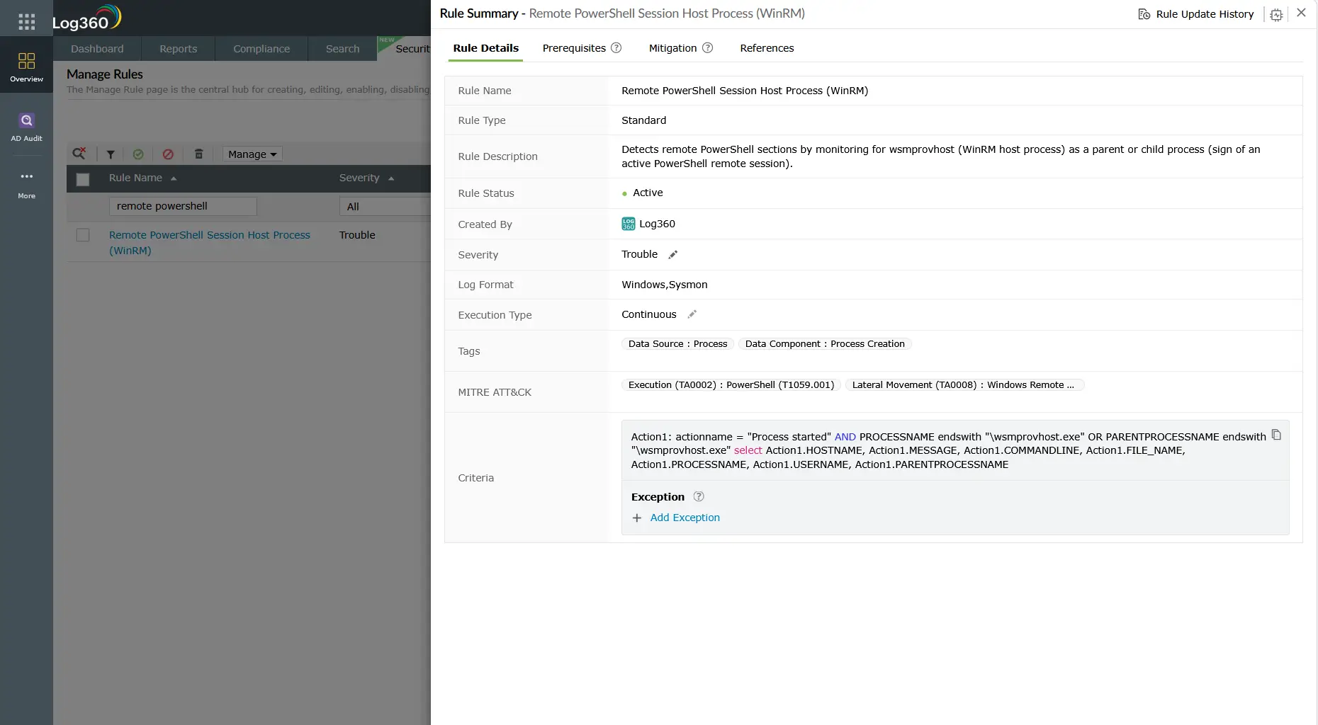 Log360 Manage Rules interface filtered by 'remote powershell', showing the Remote PowerShell Session Host Process (WinRM) rule with Trouble severity. The Rule Summary panel is open, displaying rule type Standard, Active status, Windows and Sysmon log formats, Continuous execution type, and tags for Data Source: Process and Data Component: Process Creation. The MITRE ATT&CK mappings show Execution (TA0002) PowerShell (T1059.001) and Lateral Movement (TA0008) Windows Remote Management. The detection criteria monitors for actionname equal to Process started where PROCESSNAME or PARENTPROCESSNAME ends with wsmprovhost.exe, selecting hostname, message, command line, file name, process name, username, and parent process name fields.