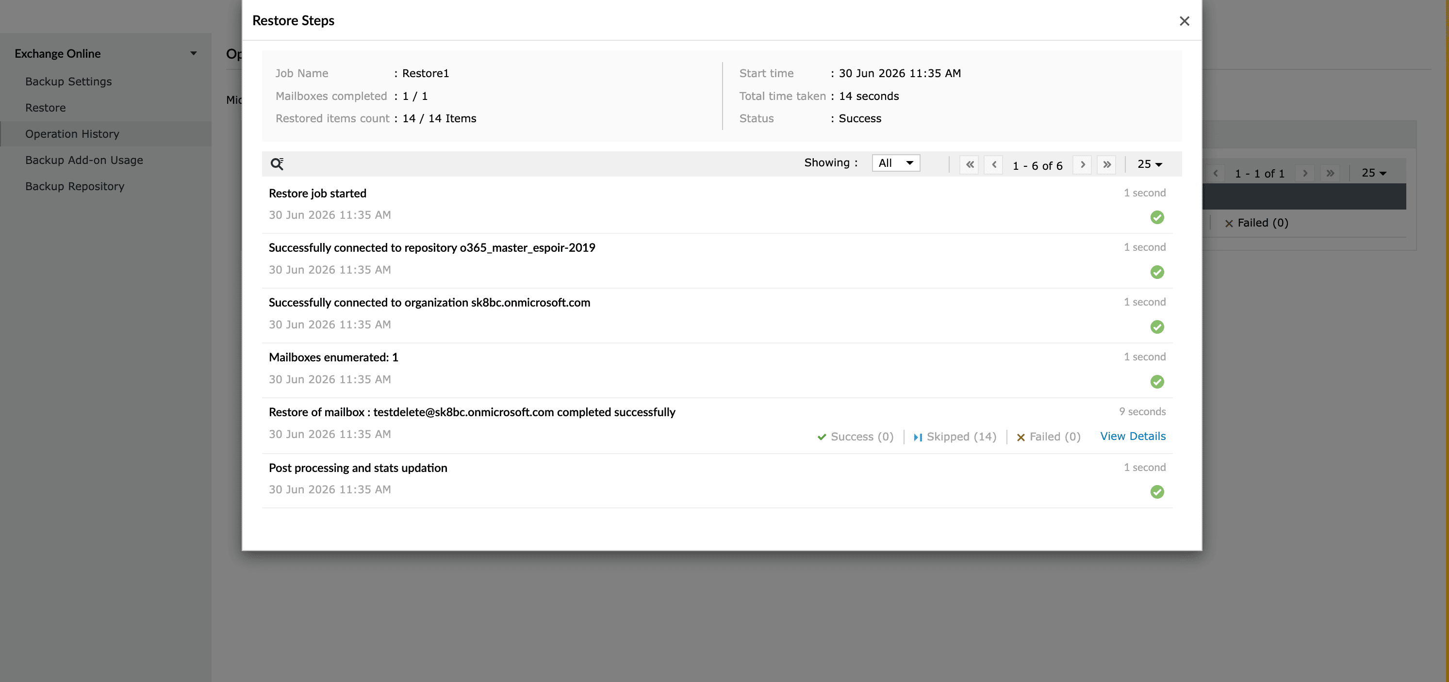 The Operation History tab listing all Exchange Online backups and restorations performed using M365 Manager Plus