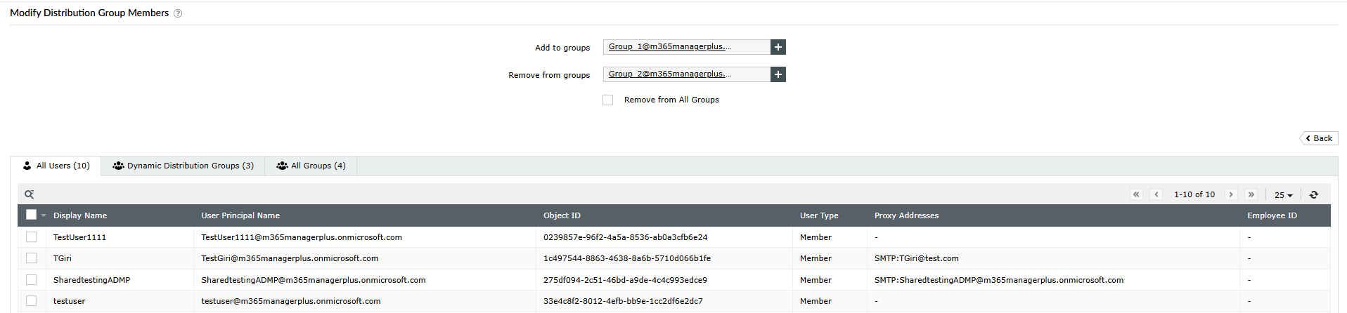 The Modify Distribution Group Members task in M365 Manager Plus with options to add or remove users from groups.