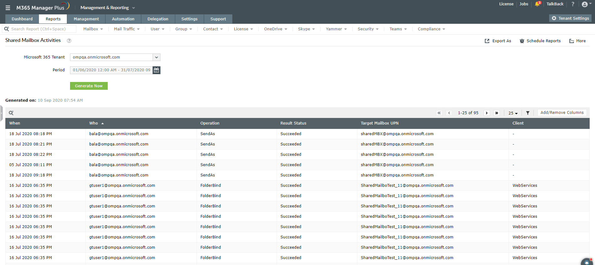The M365 Manager Plus Shared Mailbox Activities report monitors user operations, success statuses, and target mailbox UserPrincipalNames for audit trails.