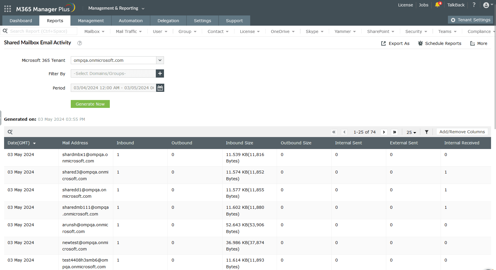 he M365 Manager Plus Shared Mailbox Email Activity report provides a daily breakdown of the inbound and outbound traffic volume per mailbox address.