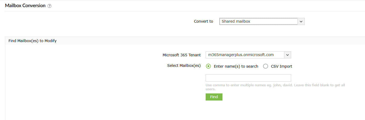 The M365 Manager Plus mailbox conversion interface showing the option to convert user mailboxes to shared mailboxes.
