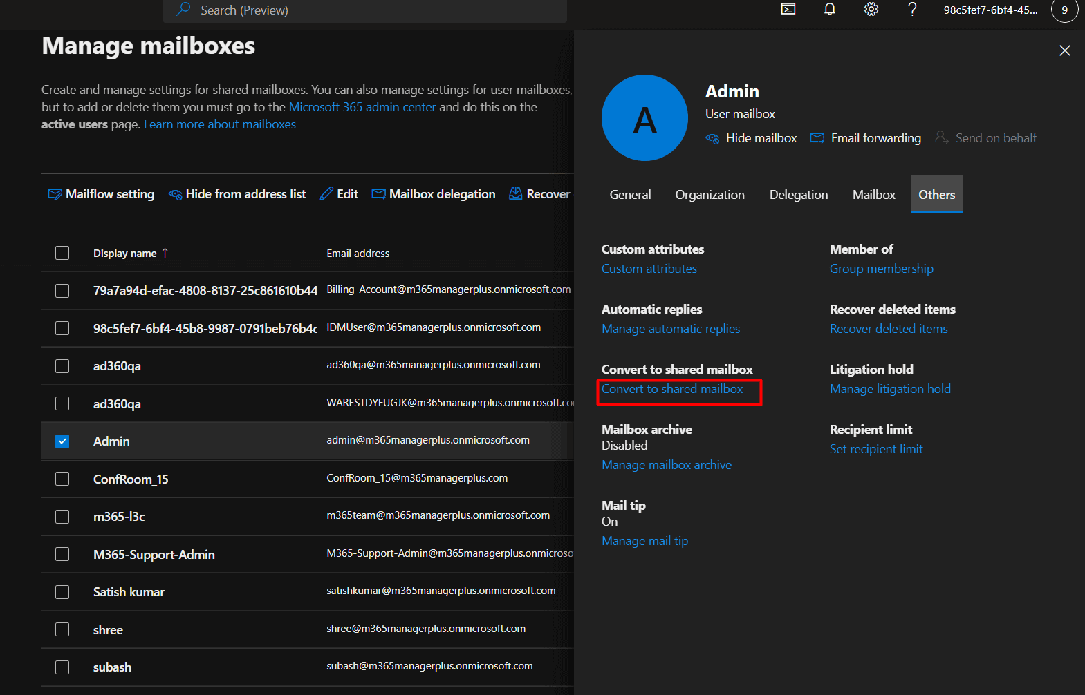The Exchange admin center mailbox details pane showing the option to convert a user mailbox to a shared mailbox under the Others tab.