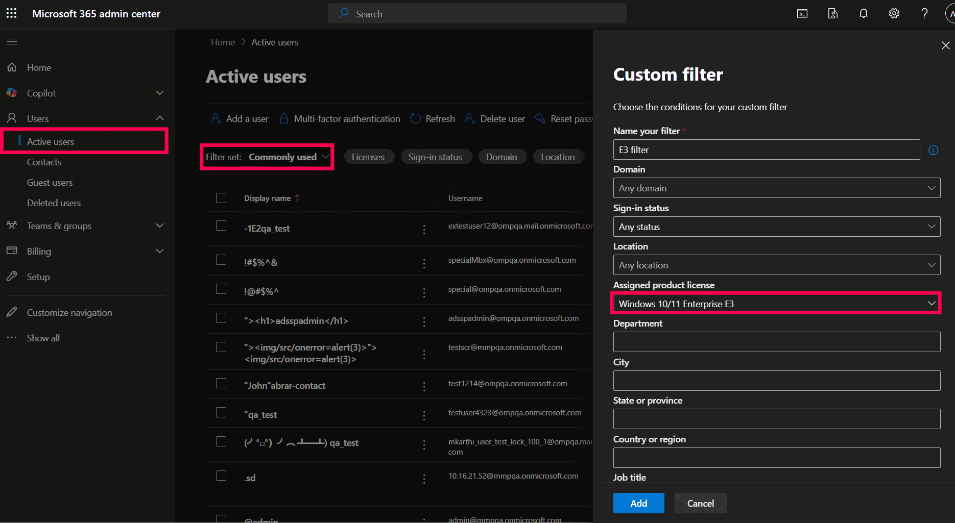 The Microsoft 365 admin center showing how to create a custom filter to find shared mailboxes with the Microsoft 365 E3 license.