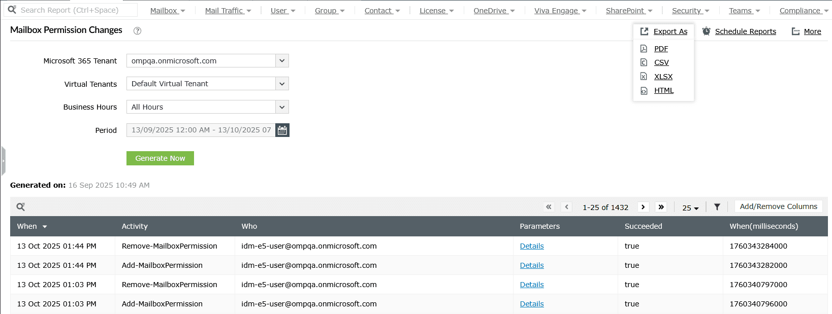 A report in M365 Manager Plus showing the detailed list of who modified Microsoft 365 mailbox permissions.