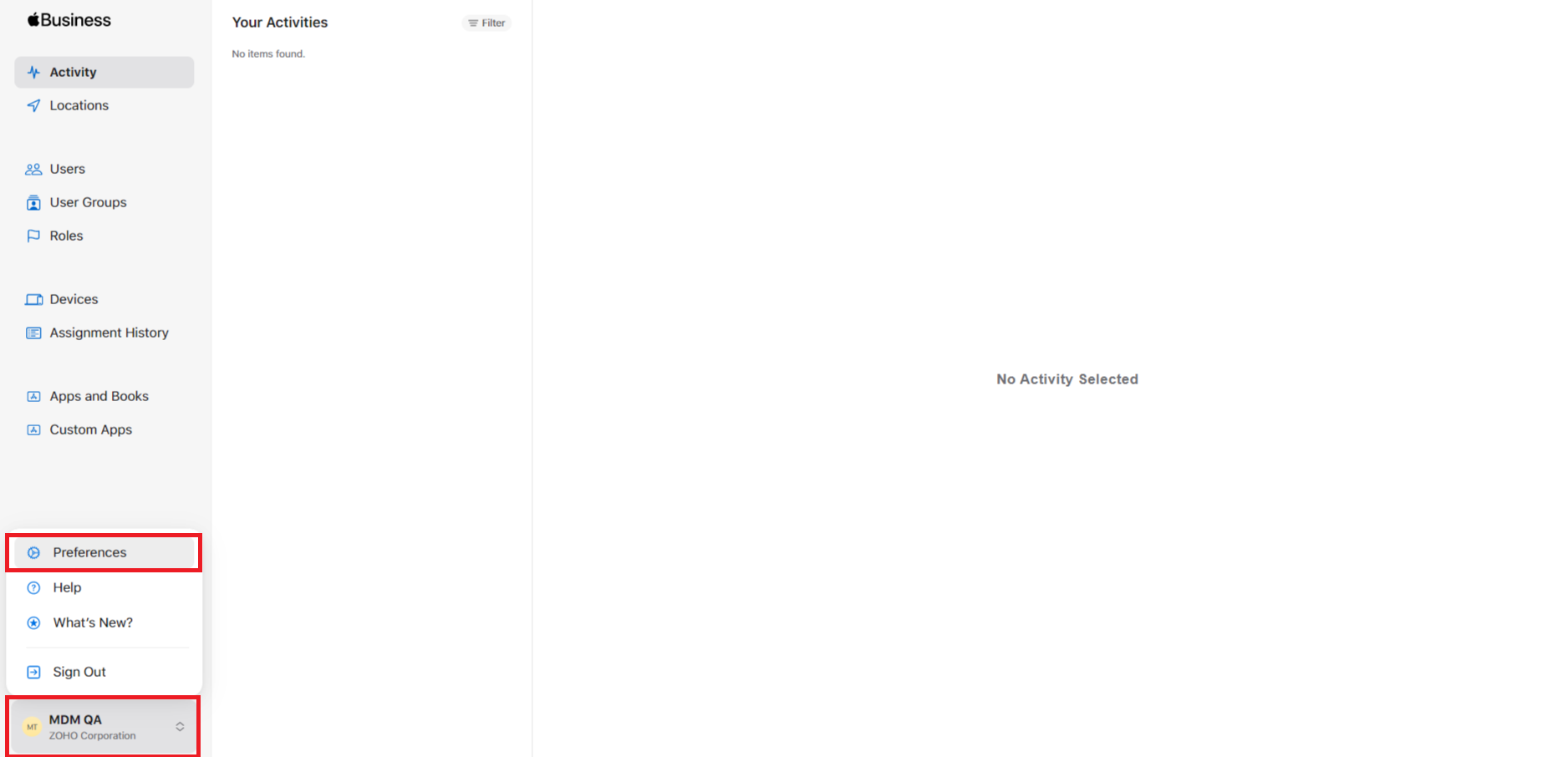 Step1: Navigating to settings on the ABM portal to facilitate Apple app management.