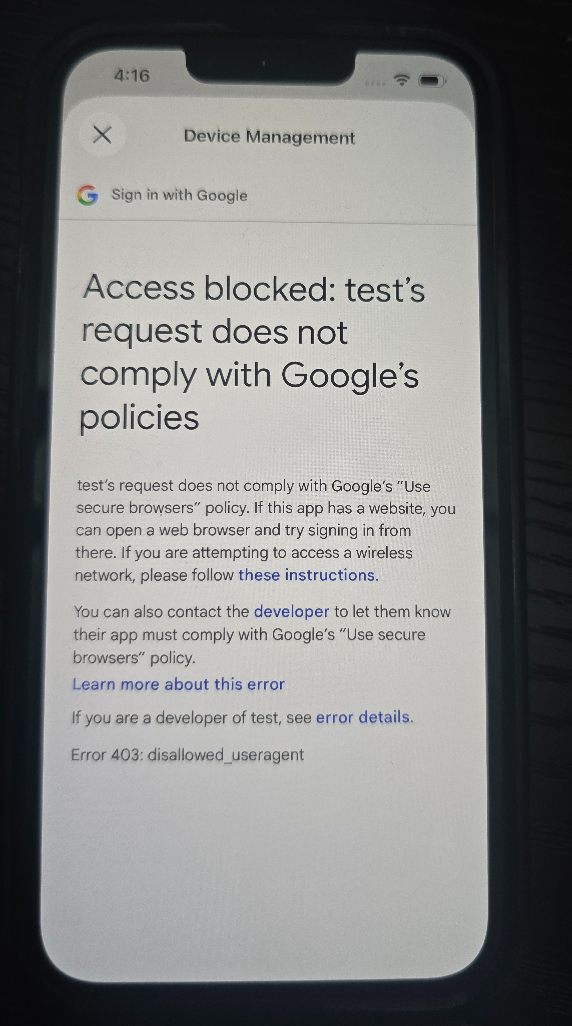 Google Workspace authentication error