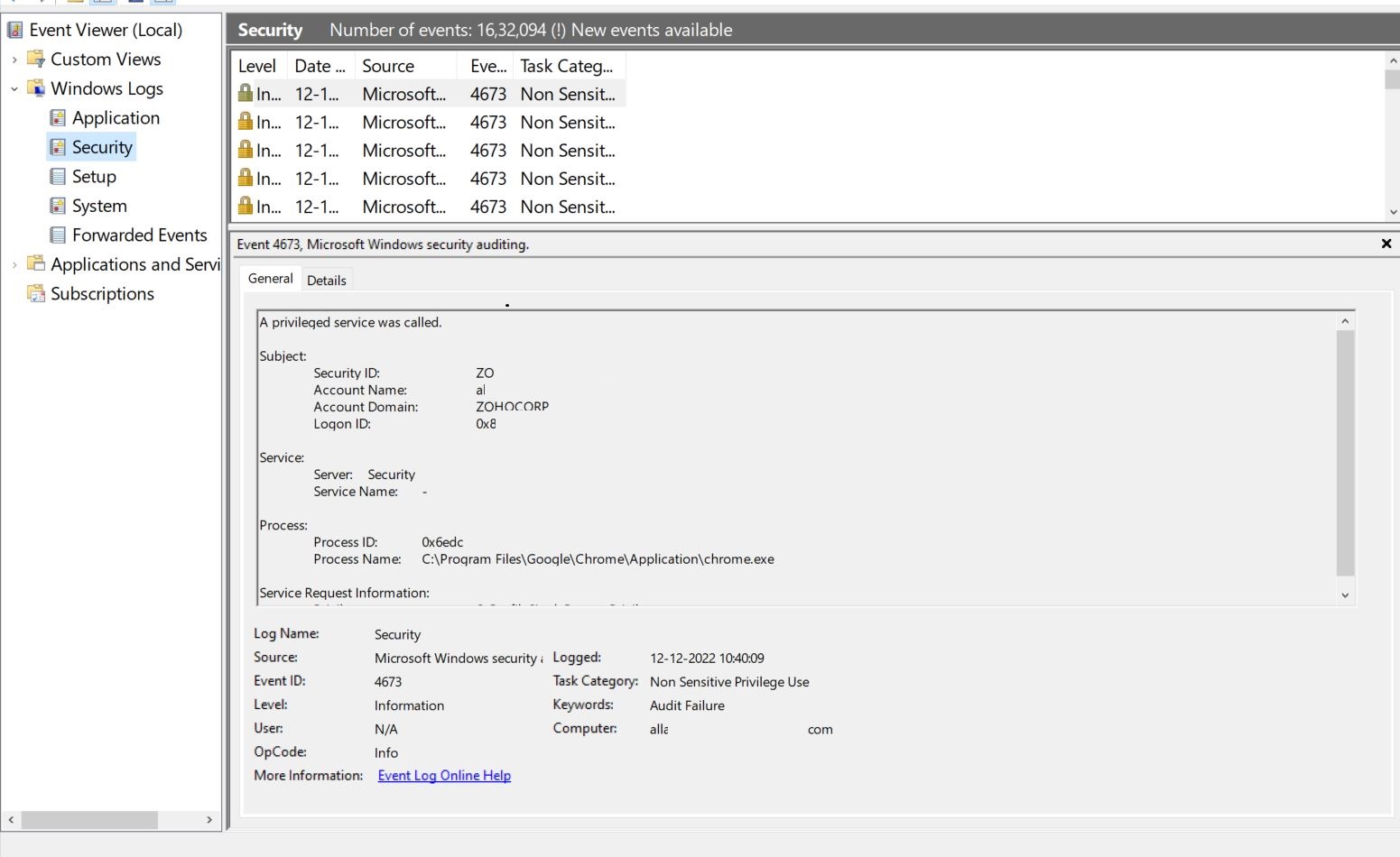 Monitoring windows event logs in OpManager: Event viewer example