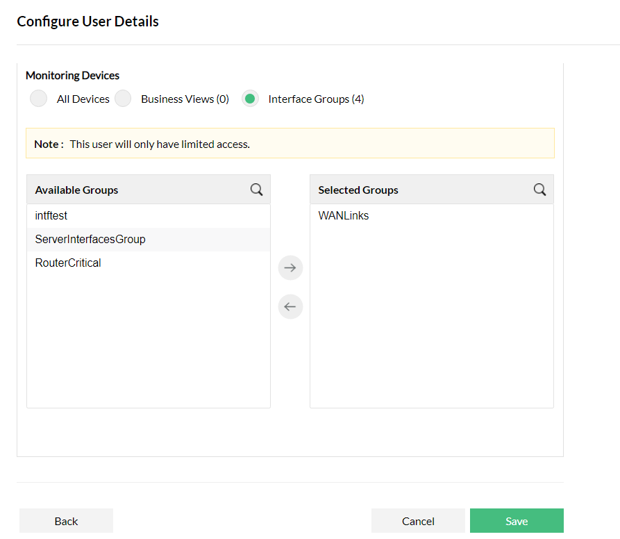 Configuring interface scope in OpManager: New user created