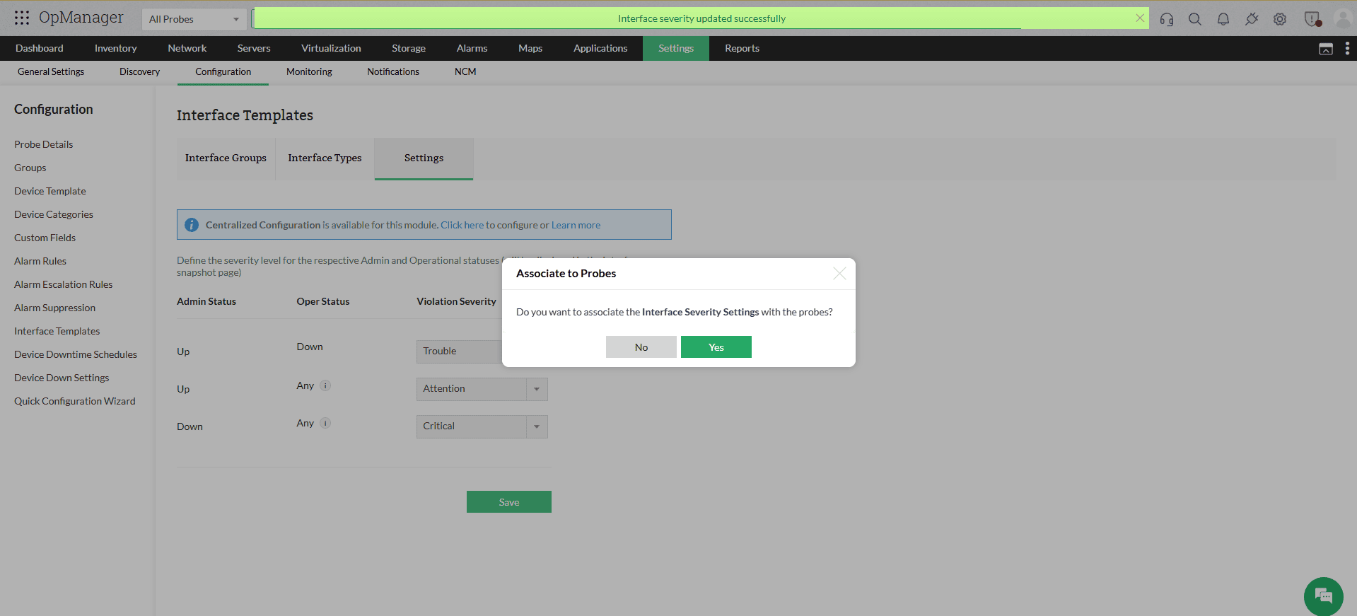 Interface templates probe association