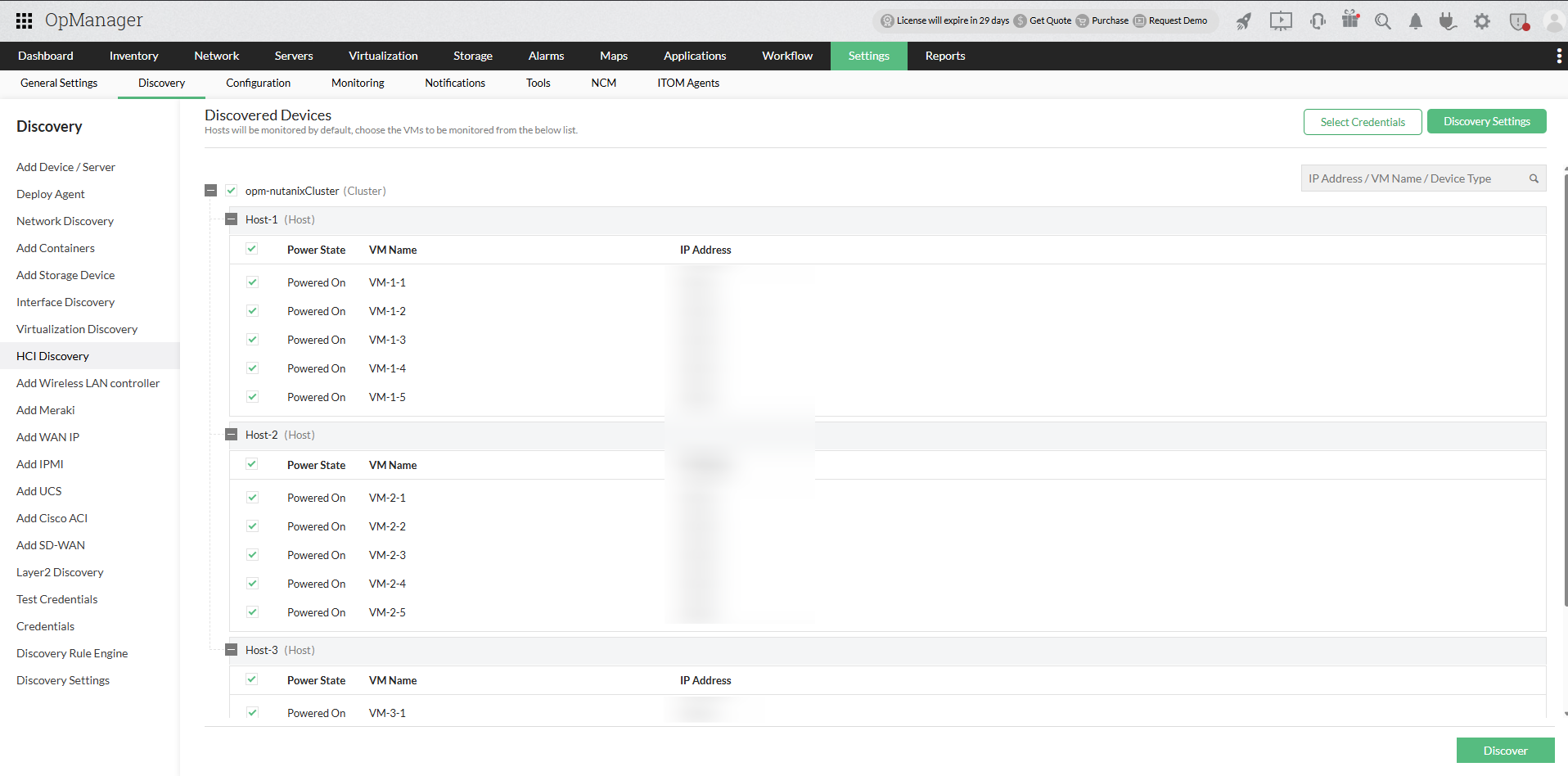 VMware ESX/ ESXi servers discovery in OpManager: Discovered devices list