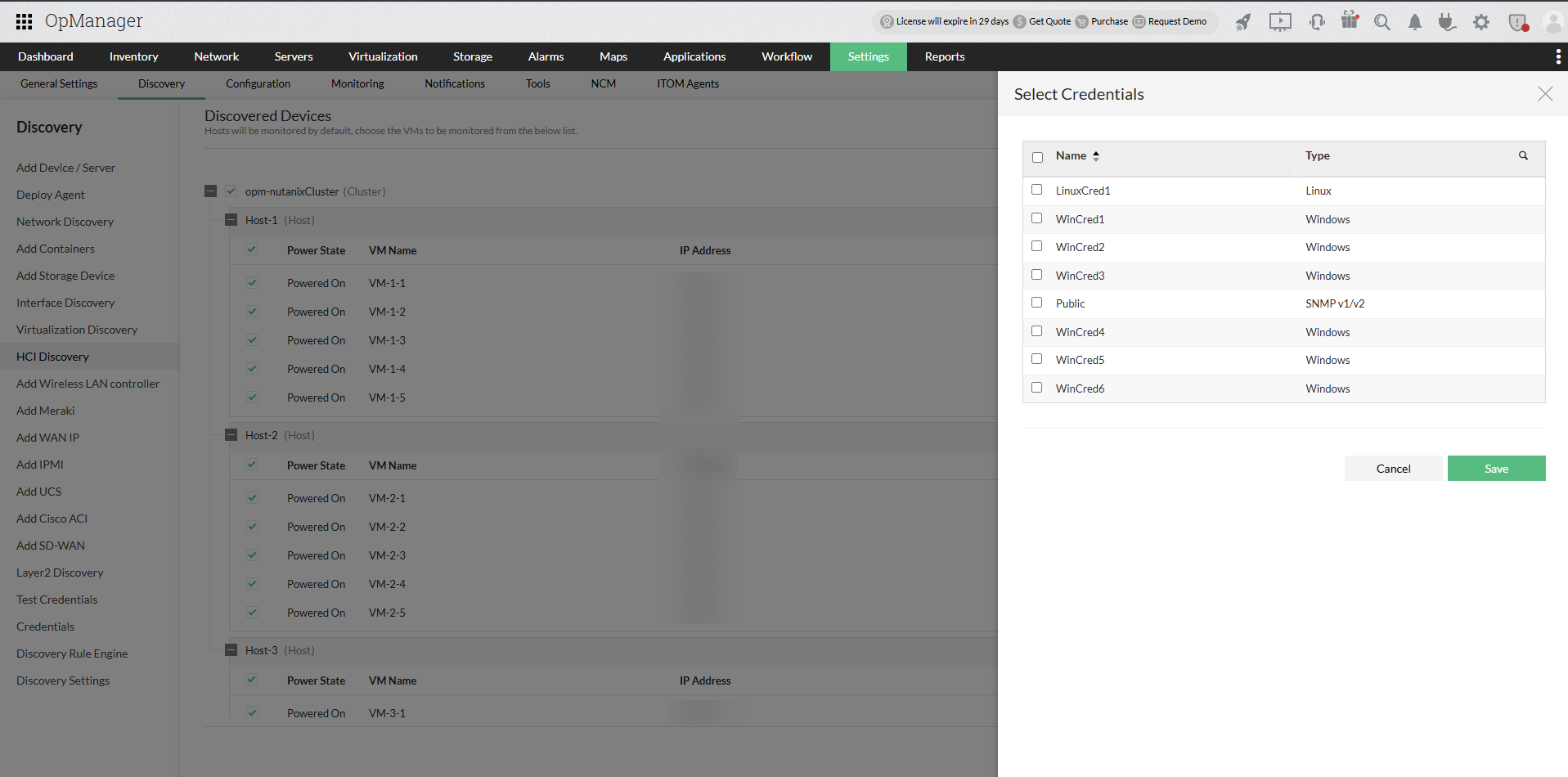 VMware ESX/ ESXi servers discovery in OpManager: Discovered devices list
