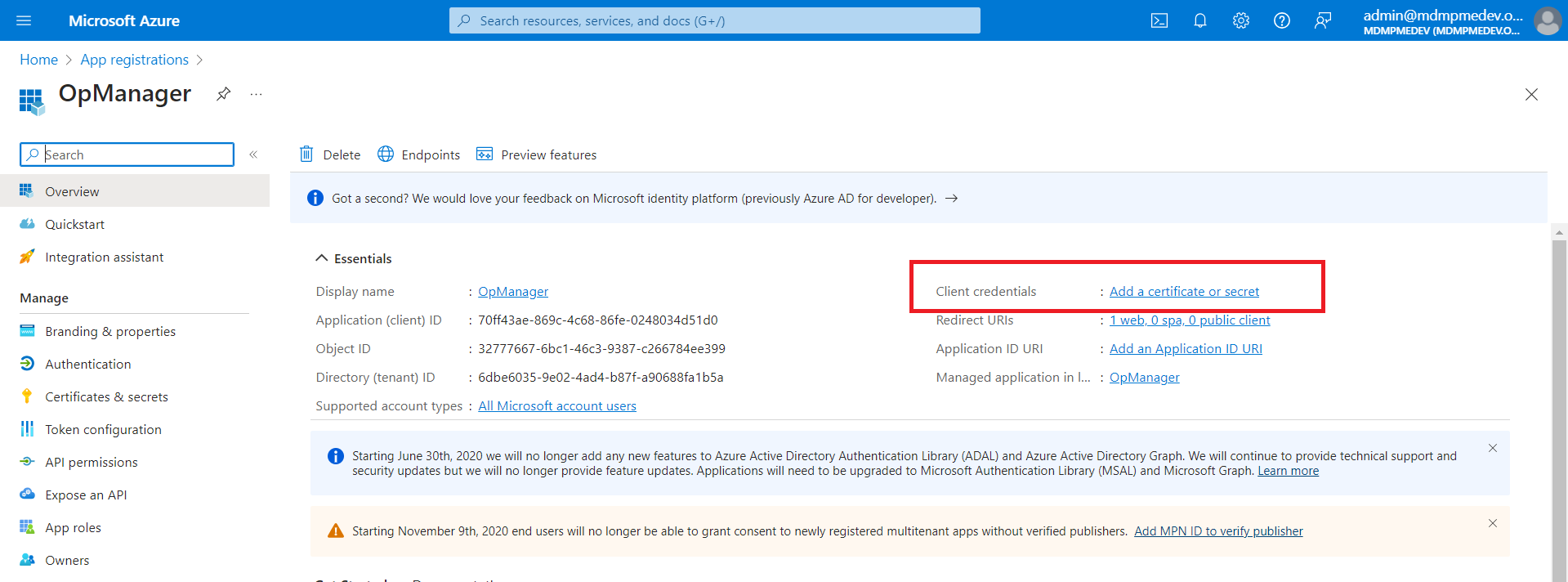 Oauth authentication in OpManager: Add a certificate or a secret