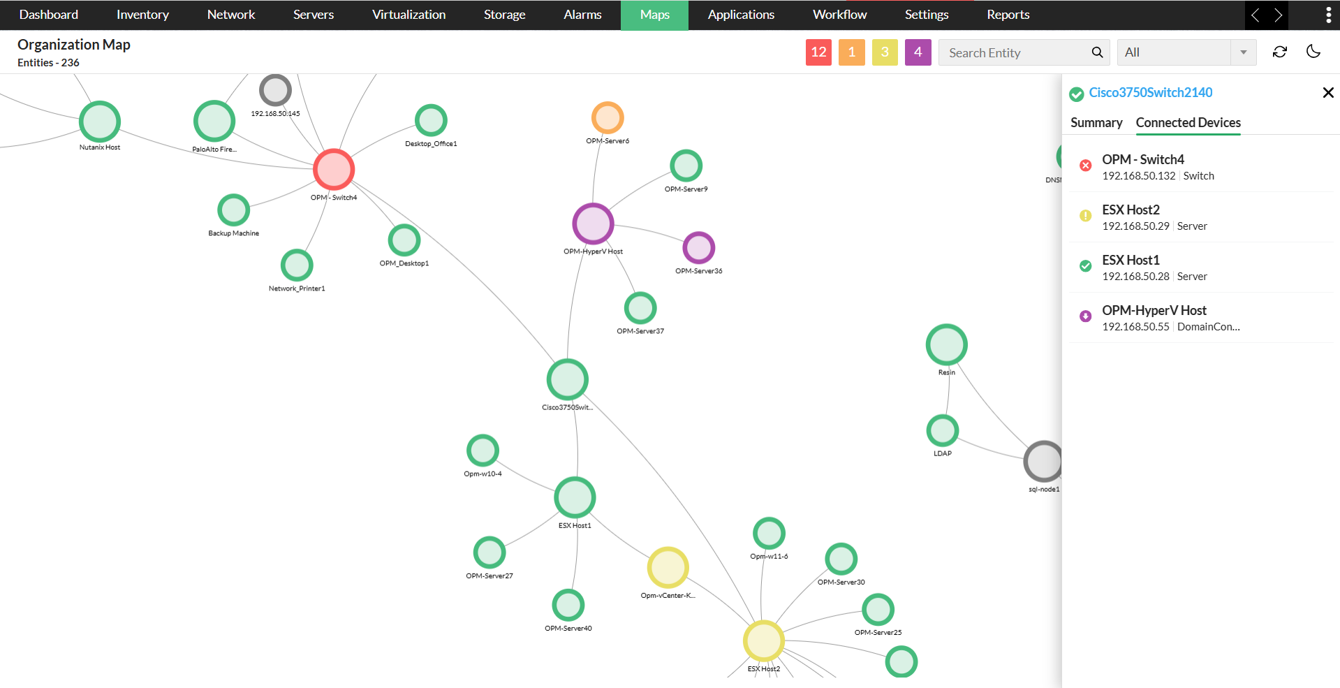connected devices, organization map-ManageEngine OpManager